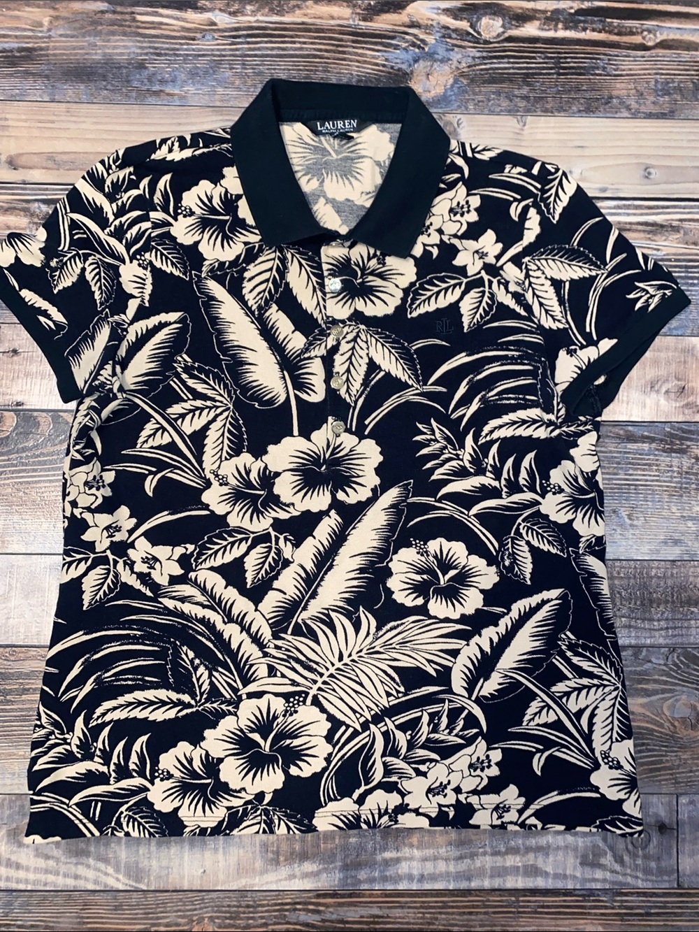 Lauren Ralph Lauren Black Label black and Cream Floral Polo Top